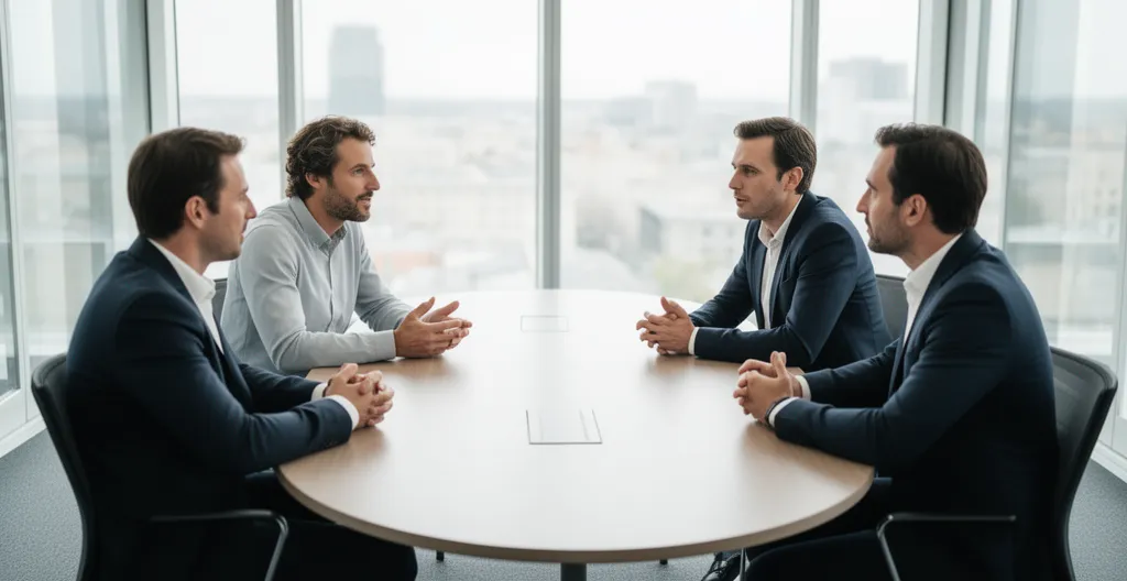 Réunion CSE en salle de conférence moderne avec élus du personnel en discussion