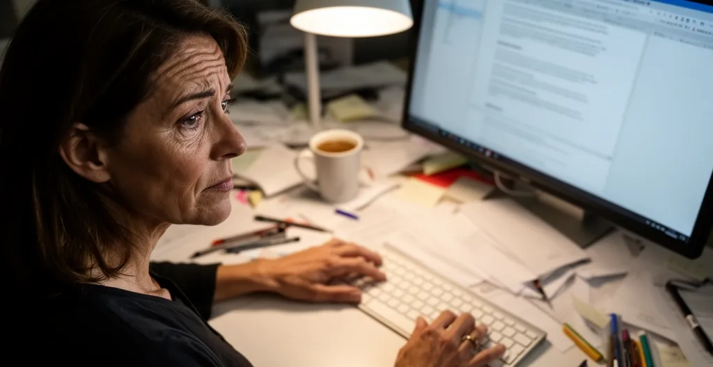 Secrétaire CSE travaillant tard sur la rédaction du procès-verbal